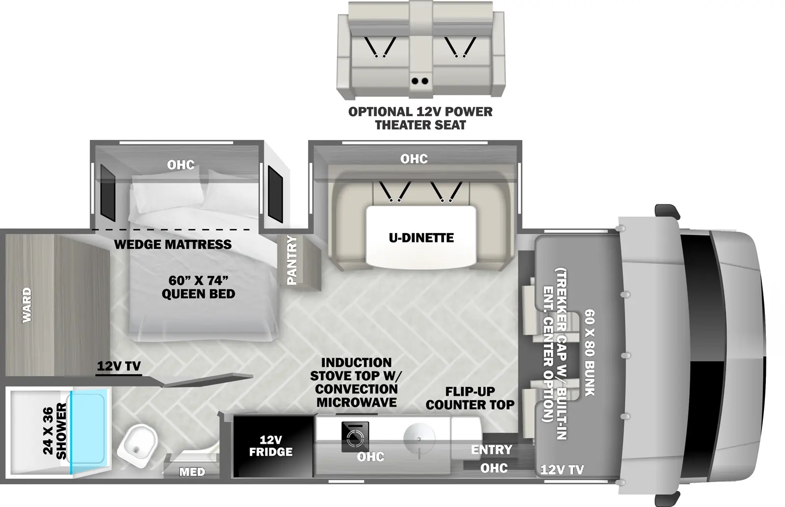 The 2400DSB has two slideouts and one entry. Interior layout front to back: front cab with bunk above (trekker cap with built-in entertainment center optional), and 12V TV; off-door side slideout with u-dinette and overhead cabinet (optional 12V power theater seat); door side entry, overhead cabinet, flip-up counter top, kitchen counter with sink, overhead cabinet, induction stove top with convection microwave, and 12V refrigerator; off-door side pantry, queen bed slideout with wedge mattress and overhead cabinet, rear wardrobe, and 12V TV along inner wall; rear door side full bathroom with medicine cabinet.